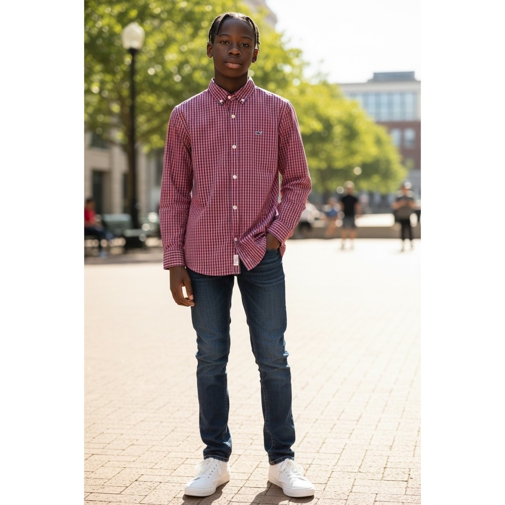 Kids Vineyard Vines Red‎ Blue Gingham Button Down Shirt Long Sleeve Whale Logo